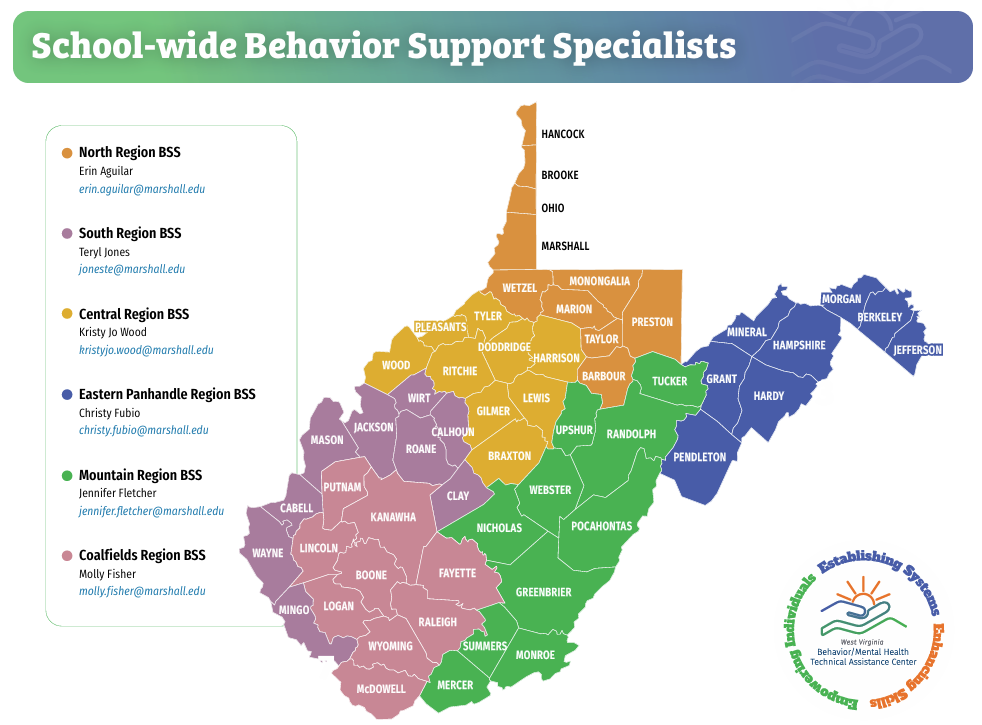 School-wide Behavior Support Specialists color-coded map
